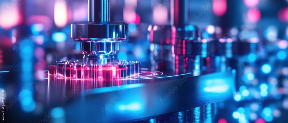 Poster close-up of a futuristic hard drive with glowing red and blue lights, highlighting data storage and 