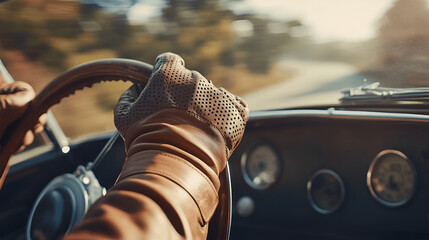 Close-up of a gloved hand gripping a vintage car steering wheel, showcasing the textured leather gloves and dashboard details, capturing the essence of classic driving experience