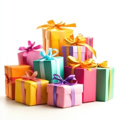 Fototapeta premium Colorful gift boxes with ribbons and bows stacked together on a white background, perfect for celebrations and special occasions.