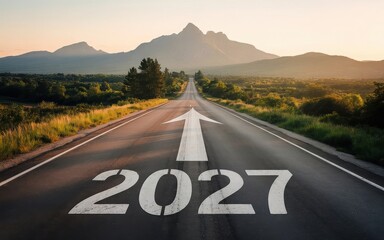New year 2027 written on the road in the middle of asphalt road at sunset. Concept of planning , challenge,