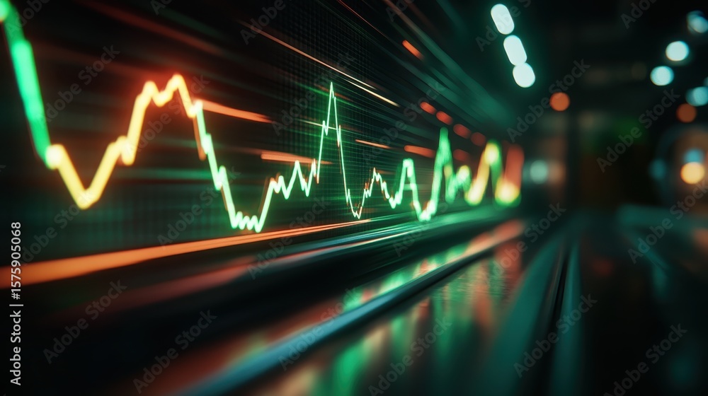 Poster a dynamic, colorful stock market graph with fluctuating lines displayed on a digital screen in a low