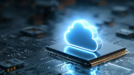 Cloud computing depicted as a cloud icon atop a circuit board, representing data storage and processing in a digital network and online services. - Powered by Adobe