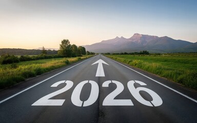 New year 2026 written on the road in the middle of asphalt road at sunset. Concept of planning , challenge,