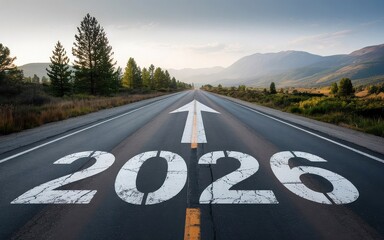 New year 2026 written on the road in the middle of asphalt road at sunset. Concept of planning , challenge,