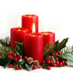 Four red candles burning surrounded by holly leaves, red berries, pinecones, and evergreen branches on a white surface.