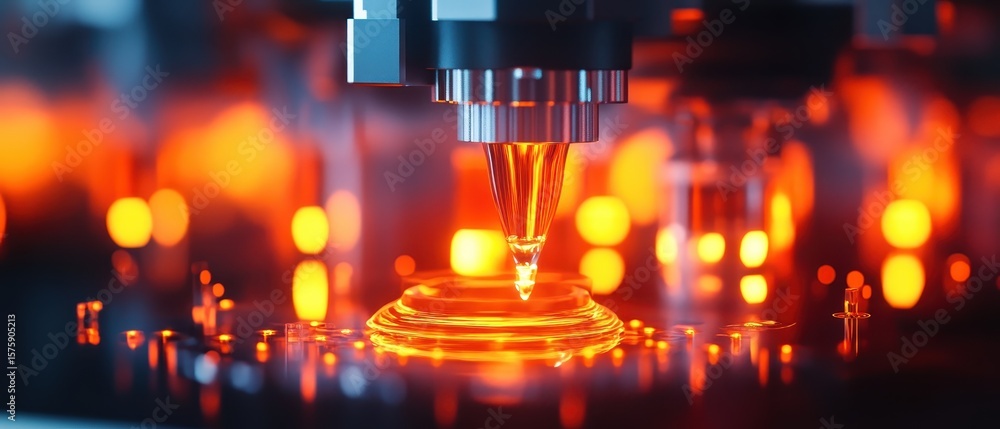 Poster a close-up of a high-tech 3d printer nozzle depositing molten material to create a precise, glowing 