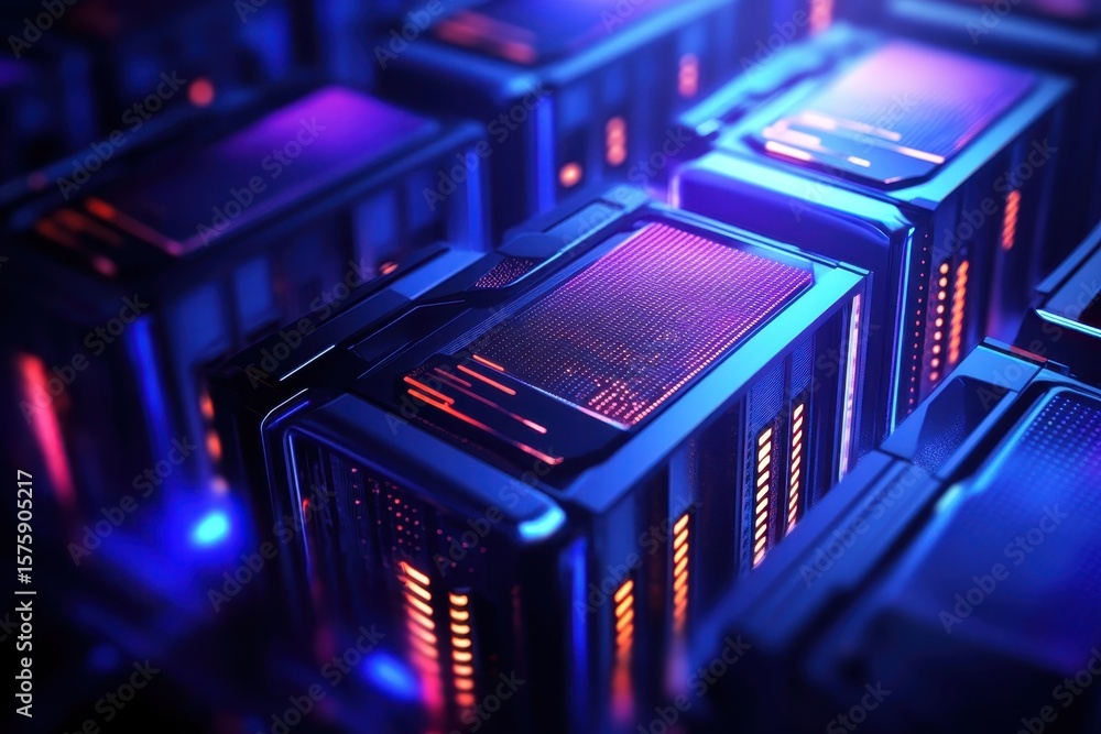 Poster close-up of glowing, futuristic computer server racks in a high-tech data center with blue and purpl