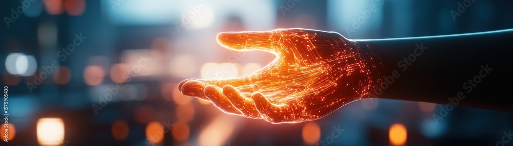 Poster a digital, glowing hand composed of interconnected lines and nodes extends in a futuristic, technolo