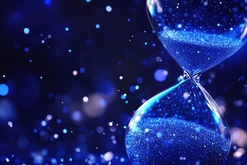 Close-up of a sparkling blue hourglass with glowing particles suspended in a dark blue background, symbolizing the passage of time.