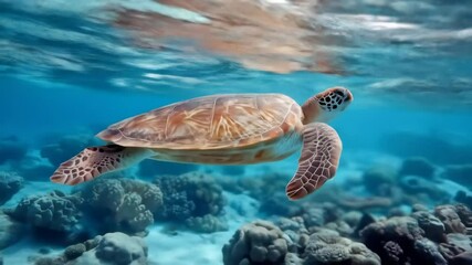 Green sea turtle swims underwater in tropical ocean. Marine animal habitat coral reef ecosystem. Aquatic creature conservation footage.