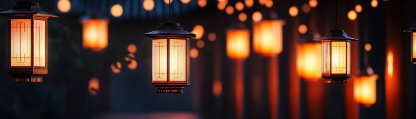 Warm glowing lanterns hang softly lit against a dark blurred background, creating a cozy and serene ambiance.