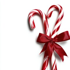 Two red-and-white striped candy canes tied together with a shiny red ribbon bow on a white background.
