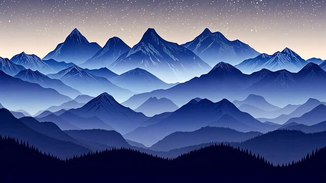 Misty mountain range at dawn, shades of blue