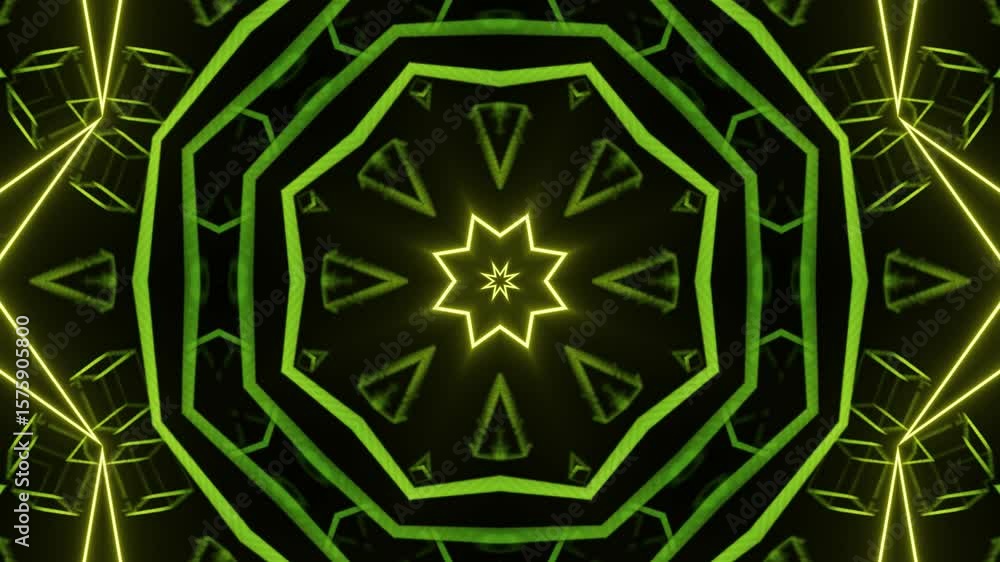 Poster minimal 3d animation of straight glowing neon lines forming kaleidoscopic motion on a soft light bac