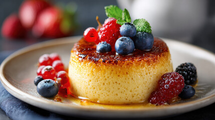 A golden plate of creme brulee with a caramelized top and fresh berries, elegant dessert, sweet and creamy