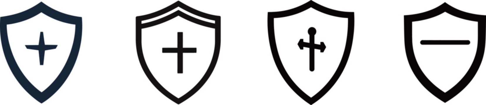 Minimalist vector illustration of a clean and simple outline shield icon representing protection, security, strength, and defense in a modern flat linear graphic style for emblematic and conceptual