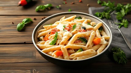 Delicious Bowl of Pasta Garnished with Fresh Tomatoes and Basil Leaves