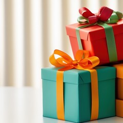 Fototapeta premium Two colorful gift boxes stacked, wrapped with vibrant ribbons, symbolizing celebration and gifting.