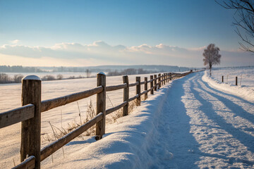 Snowy country road lined with a rustic wooden fence under a clear blue sky