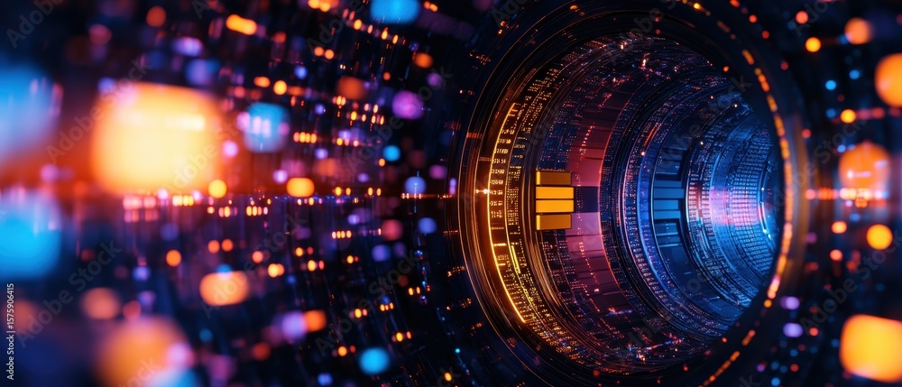 Poster a vibrant, futuristic tunnel filled with colorful lights and digital elements, creating a sense of d