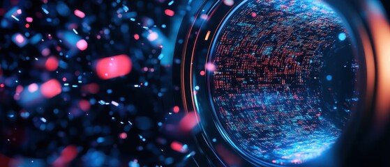 Futuristic close-up of a lens or optical device with colorful light reflections and bokeh effects creating a high-tech, digital atmosphere.