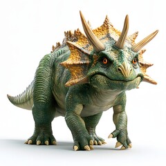 Fototapeta premium Vibrant dinosaur illustration with green body, yellow frill, and curved horns. A captivating image of a prehistoric creature. Mythical creature isolated on a white background