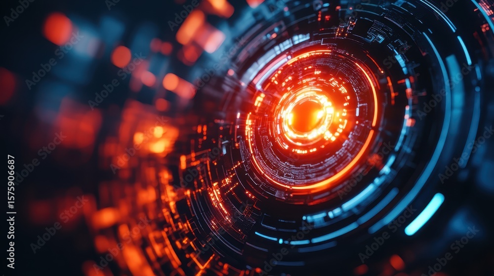 Poster a glowing, circular digital interface with intricate circuitry and vibrant orange and blue lights, r