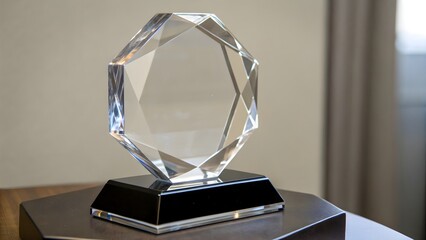 Faceted Crystal Award Trophy on Pedestal Table