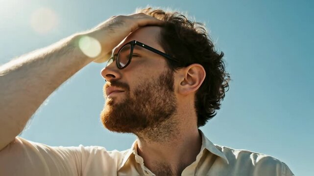 Stressed man in glasses touches his forehead, feeling a headache or migraine due to burnout and overwork, a concept for corporate wellness and mental health awareness