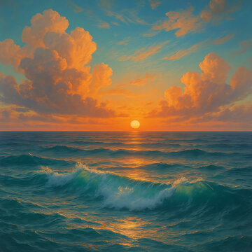Peaceful Ocean Sunset with Rolling Waves and Golden Sky