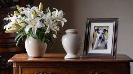 Emotional pet memorial on a wooden table featuring a white urn, dog picture, and a vase of white lilies