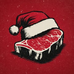 Festive meat illustration featuring a Santa hat on a steak with red background for holiday cheer