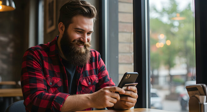 Happy man paying with phone in cafe near window enjoying online banking transaction