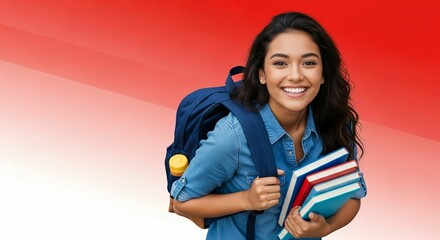 Knowledge, hope, and youthful vitality are symbolized by the image of a contented young student looking sideways against a red-to-white gradient background while carrying colorful books in a backpack.