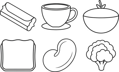 Flat style cinnamon stick tea cup soup bowl bread bean and cauliflower line art illustration
