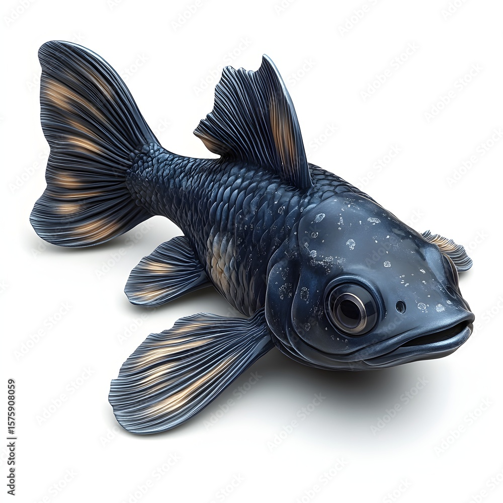Fototapete striking metallic fish sculpture with blue and gray hues. intricate striped fins and scale-like text