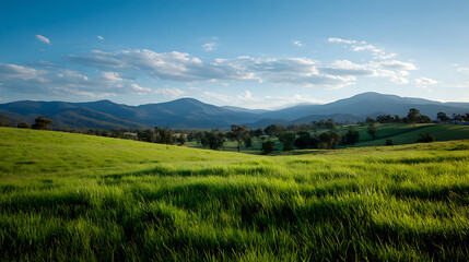 Fototapeta premium Green Pasture and Distant Mountains Landscape with Blue Sky