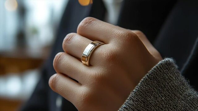 Sleek, metallic smart ring on a hand