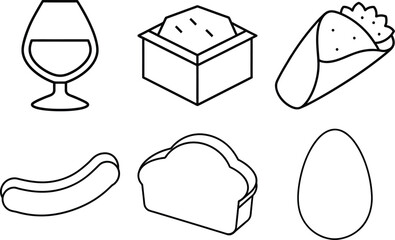 Flat style wine glass cheese taco sausage bread and egg line art illustration