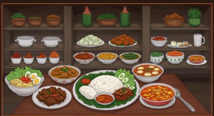 Shelves & table laden with various Indonesian dishes