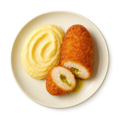 Golden chicken Kiev sliced to reveal herb-butter core beside silky mashed potatoes on an ivory plate—crisp crumb, creamy swirl, the ideal transparent PNG centerpiece for web menus.
