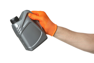 Man with grey canister of motor oil on white background, closeup
