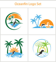 Oceanfin Logo Set Featuring Tropical Designs with Dolphins, Palm Trees, and Vibrant Sunsets for a Relaxing Beach Vibe