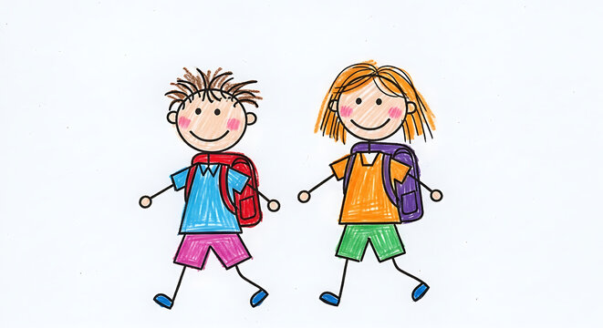 Naive crayon drawing of two smiling school children walking with backpacks, hand-drawn by a 4–6 year old, colorful and simple childlike style, back to school illustration for early education themes