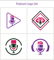 Set of Podcast Logos Featuring Mouth Graphic and Microphone Shape Depicting Various Themes for Audio Content Creation