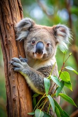 A cute koala clings to a eucalyptus tree in the australian forest