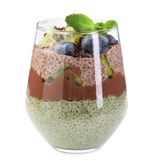 Delicious chocolate pudding with chia seeds, kiwi, mint and blueberries in glass isolated on white