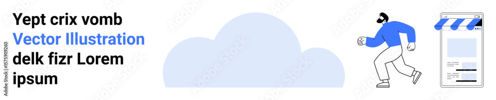 Poster bearded man walking towards web storefront under cloud, suggesting digital services. ideal for e-com