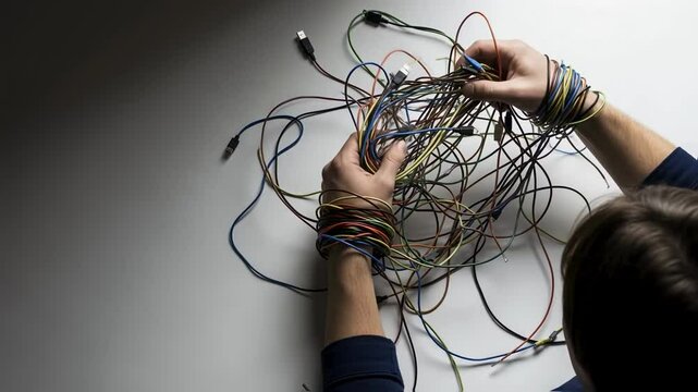 Top view of a person's hands tangled in a messy knot of wires and cables on a white background, symbolizing technological chaos, complexity and information overload problems
