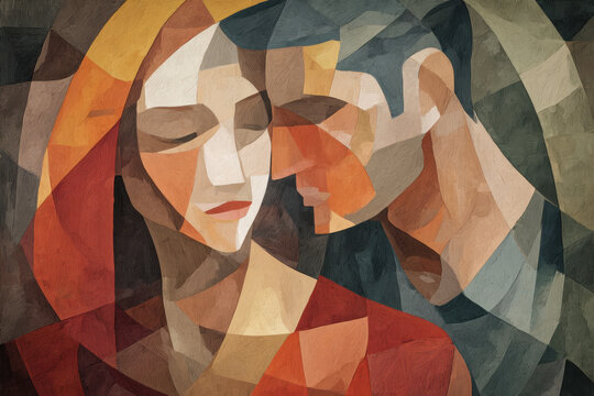 Woman and man couple in an abstract cubist or cubism style painting